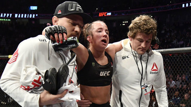 LAS VEGAS, NEVADA - JANUARY 18: Maycee Barber exits the octagon following her flyweight fight during the UFC 246 event at T-Mobile Arena on January 18, 2020 in Las Vegas, Nevada.