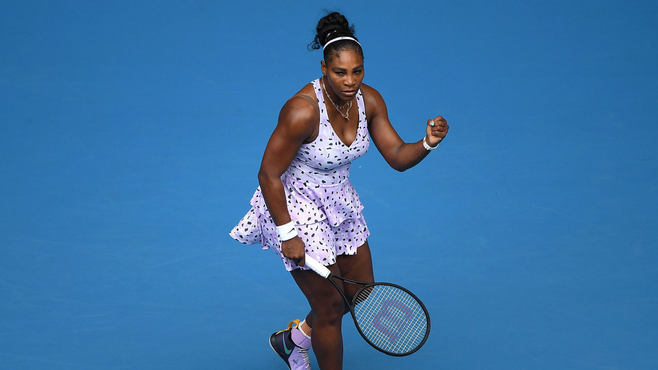 MELBOURNE, AUSTRALIA - JANUARY 20: Serena Williams of the United States celebrates a point during her Women's Singles first round match against Anastasia Potapova of Russia on day one of the 2020 Australian Open at Melbourne Park on January 20, 2020 in Melbourne, Australia.