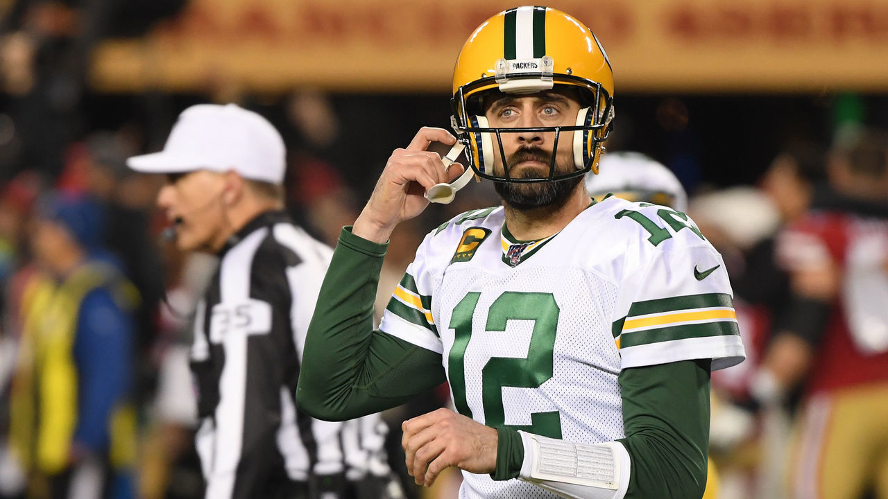 SANTA CLARA, CALIFORNIA - JANUARY 19: Aaron Rodgers #12 of the Green Bay Packers reacts to throwing an interception late in the game against the San Francisco 49ers during the second half of the NFC Championship game at Levi's Stadium on January 19, 2020 in Santa Clara, California.