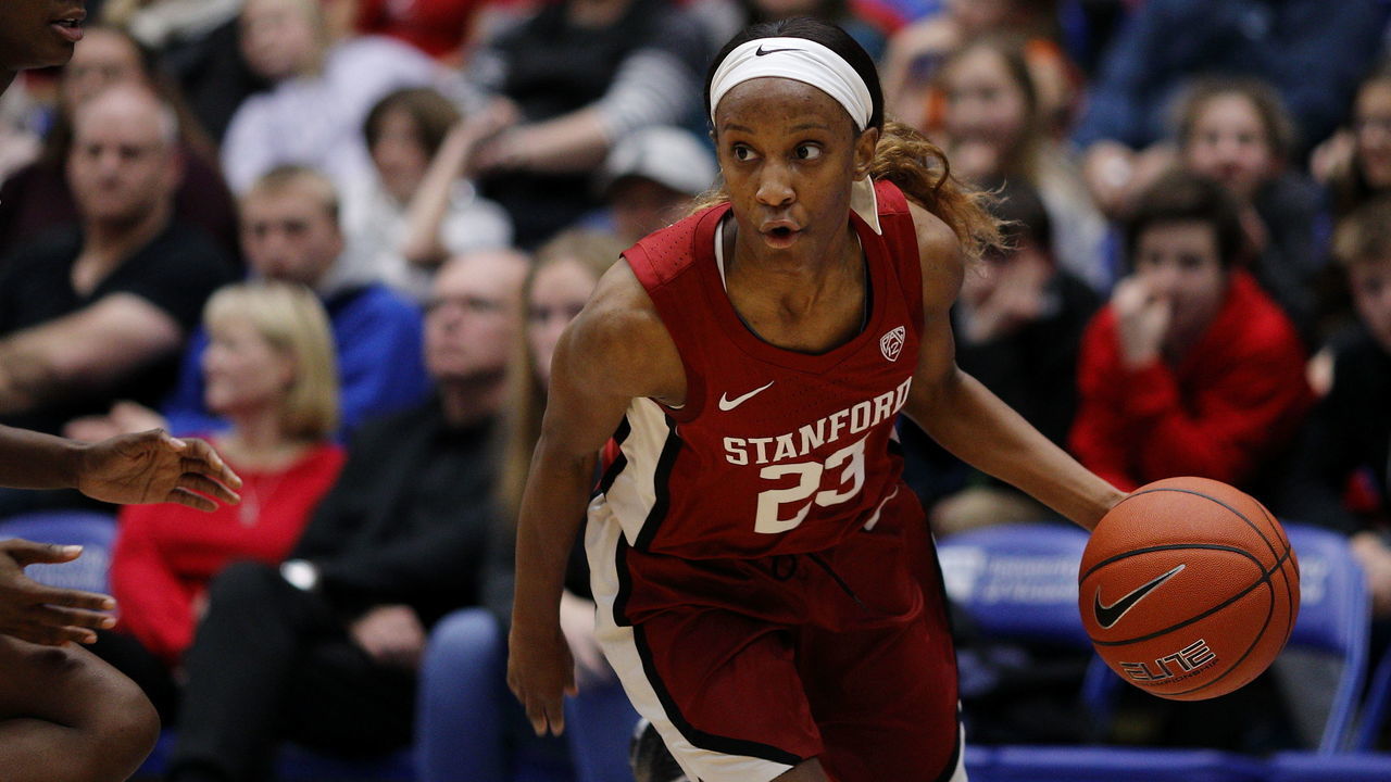 VICTORIA , BC - NOVEMBER 30: Kiana Williams #23 of the Stanford Cardinal dribbles the ball against the Mississippi State Bulldogs at the Greater Victoria Invitational at the Centre for Athletics, Recreation and Special Abilities (CARSA) on November 30, 2019 in Victoria, British Columbia, Canada.