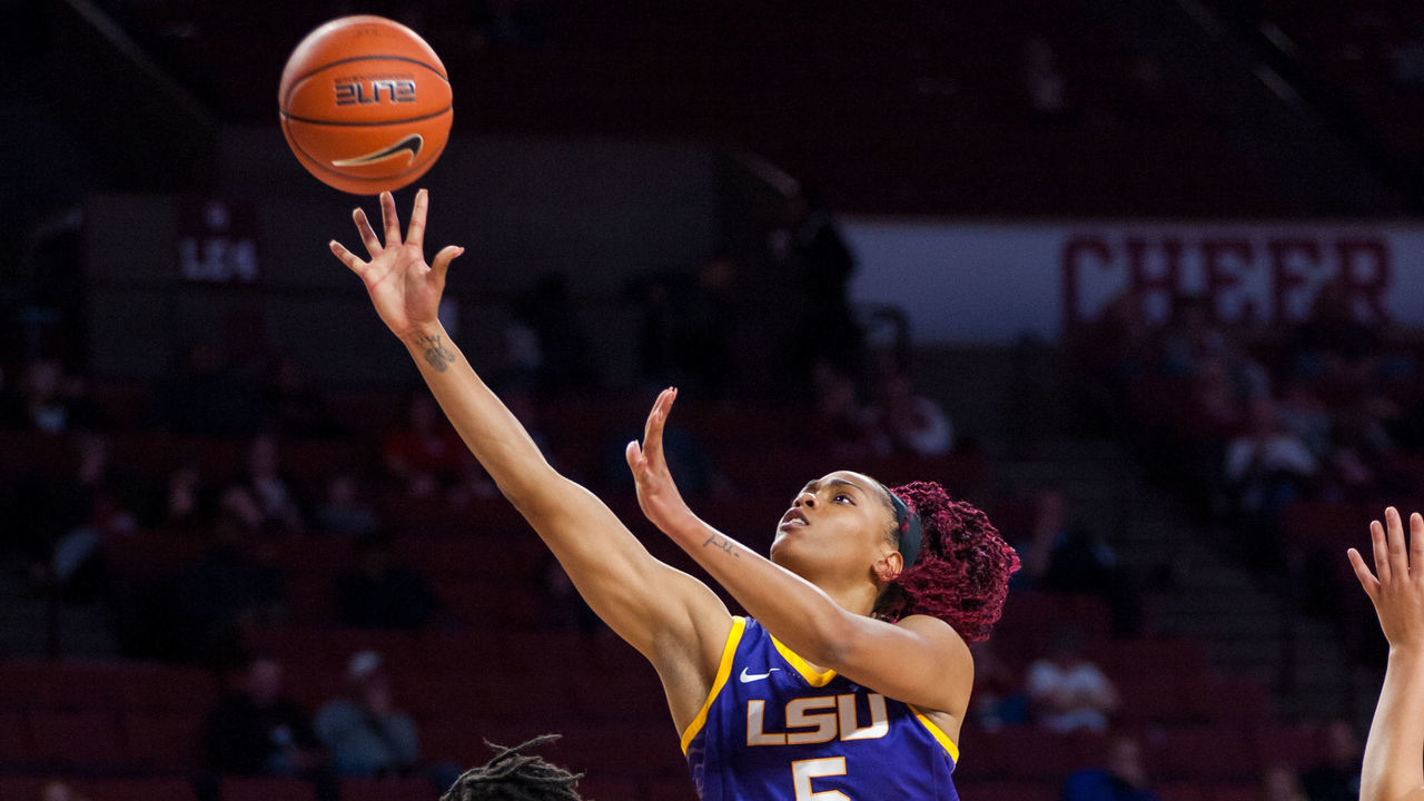 NORMAN, OK - DECEMBER 07: Louisiana State (5) Ayana Mitchell shooting in game versus Oklahoma on December 07, 2019, at the Lloyd Noble Center in Norman, Oklahoma.