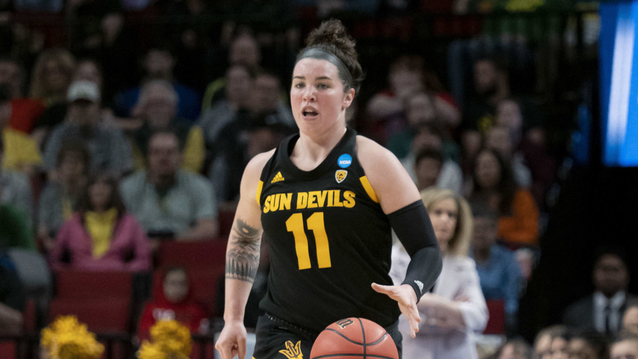 PORTLAND, OR - MARCH 29: Arizona State Sun Devils guard Robbi Ryan (11) dribbles the ball down court during the NCAA Division I Women's Championship third round basketball game between Arizona State Sun Devils and the Mississippi State Bulldogs on March 29, 2019 at Moda Center in Portland, Oregon.