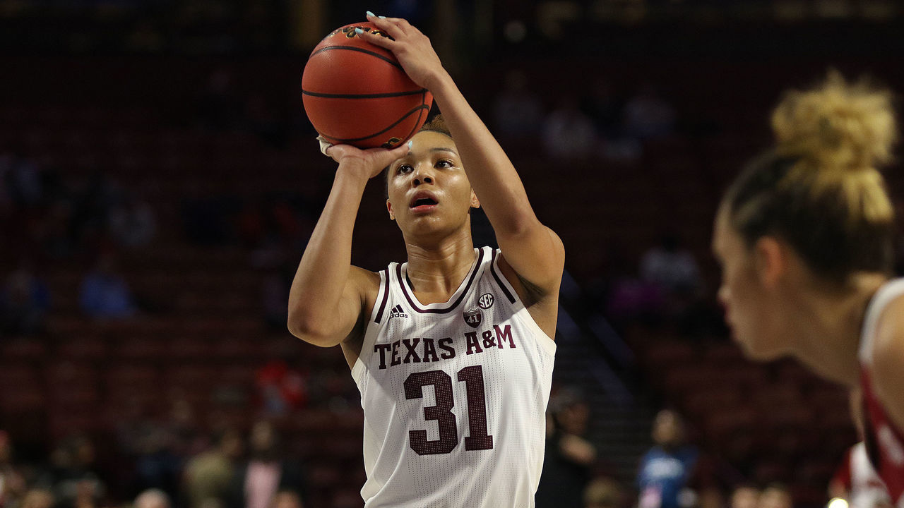 GREENVILLE, SC - MARCH 09: N'dea Jones (31) forward of Texas A&M during the SEC Women's basketball tournament between the Arkansas Razorbacks and the Texas A&M Aggies on March 9, 2019, at the Bon Secours Wellness Arena in Greenville, SC.