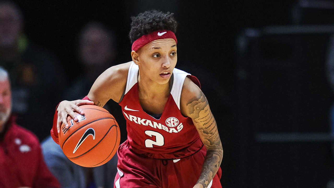 KNOXVILLE, TN - JANUARY 21: Arkansas Razorbacks guard Alexis Tolefree (2) moves the ball during a college basketball game between the Tennessee Lady Volunteers and Arkansas Razorbacks on January 21, 2019, at Thompson-Boling Arena in Knoxville, TN.