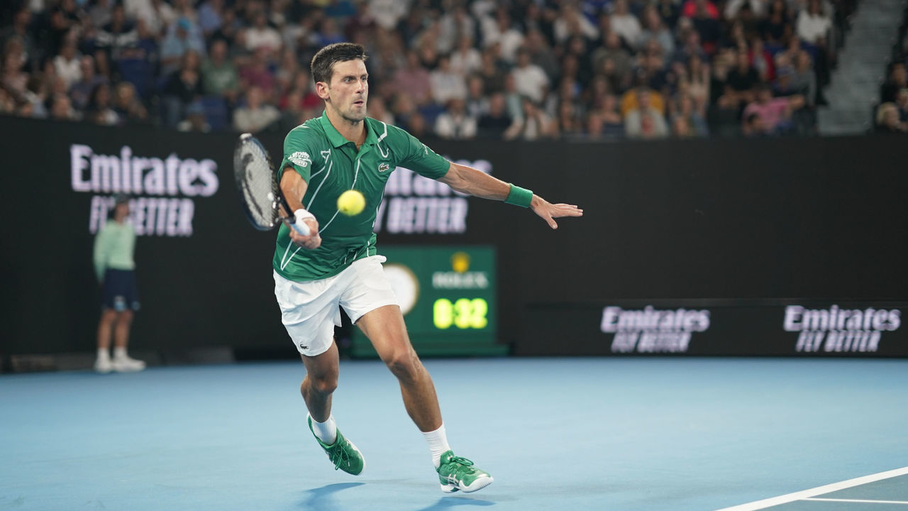 MELBOURNE, AUSTRALIA - JANUARY 20: Novak Djokovic of Serbia in action during his Men's Singles first round match against Jan-Lennard Struff of Germany on day one of the 2020 Australian Open at Melbourne Park on January 20, 2020 in Melbourne, Australia.