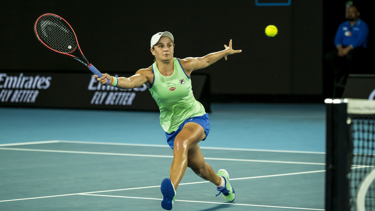 MELBOURNE, VIC - JANUARY 20: Ashleigh Barty of Australia plays a shot during the first round of the 2020 Australian Open on January 20 2020, at Melbourne Park in Melbourne, Australia.