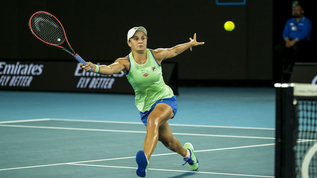 MELBOURNE, VIC - JANUARY 20: Ashleigh Barty of Australia plays a shot during the first round of the 2020 Australian Open on January 20 2020, at Melbourne Park in Melbourne, Australia.