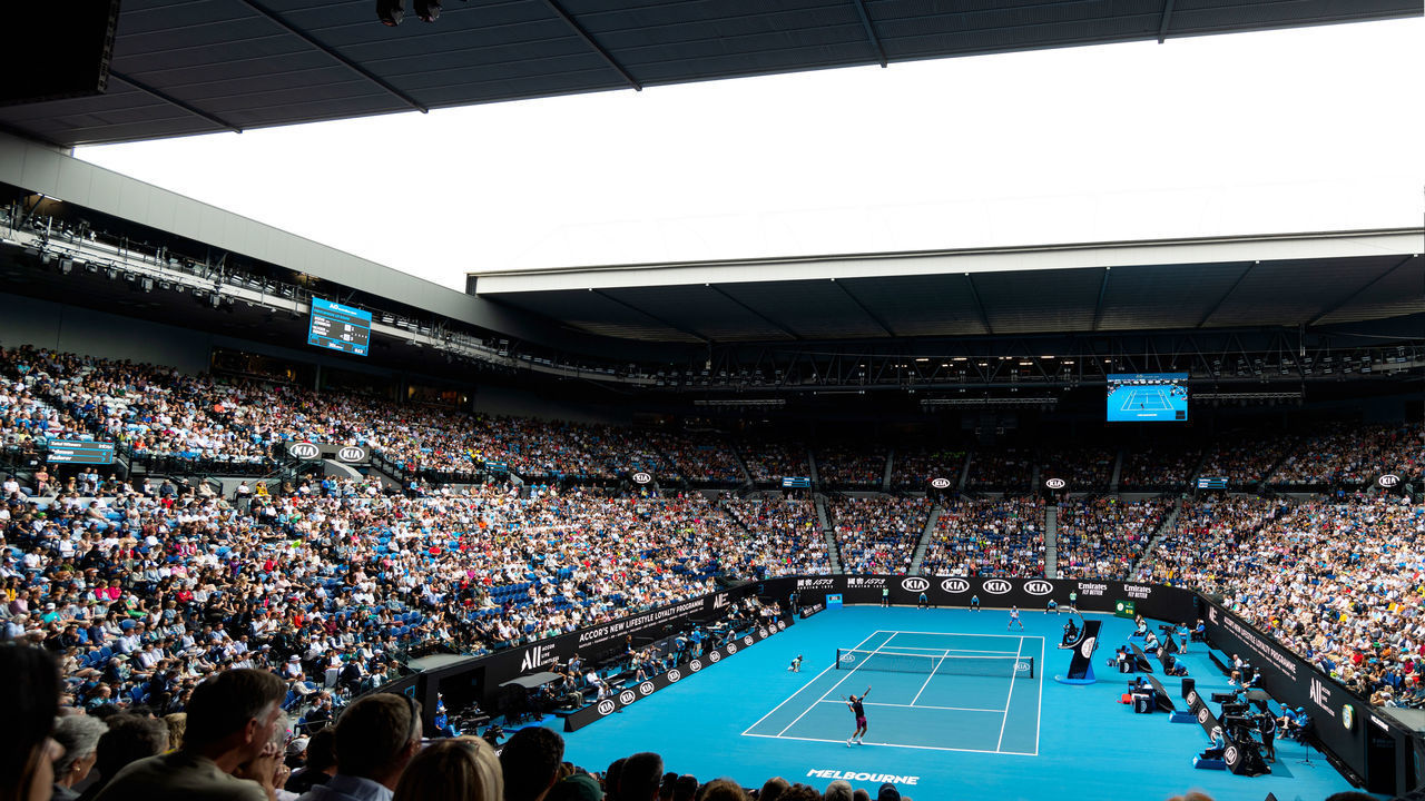 MELBOURNE, VIC - JANUARY 20: A general view of inside Rod Laver Arena during the match of Roger Federer of Switzerland and Steve Johnson of USA during round one of the Australian Open Tennis at Melbourne Park Tennis Centre on January 20, 2020 in Melbourne, Australia.