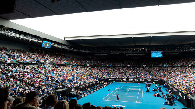 MELBOURNE, VIC - JANUARY 20: A general view of inside Rod Laver Arena during the match of Roger Federer of Switzerland and Steve Johnson of USA during round one of the Australian Open Tennis at Melbourne Park Tennis Centre on January 20, 2020 in Melbourne, Australia.