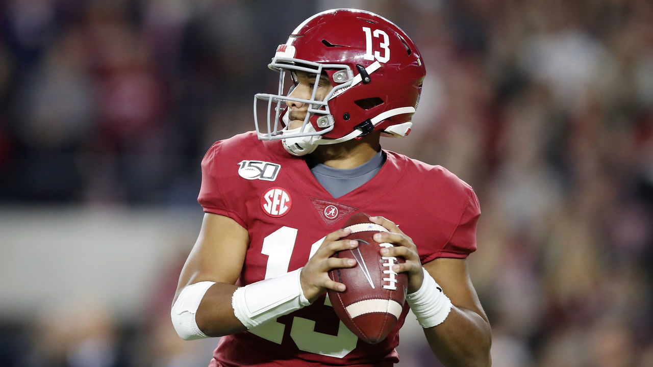 TUSCALOOSA, ALABAMA - NOVEMBER 09: Tua Tagovailoa #13 of the Alabama Crimson Tide looks to pass during the second half against the LSU Tigers in the game at Bryant-Denny Stadium on November 09, 2019 in Tuscaloosa, Alabama.