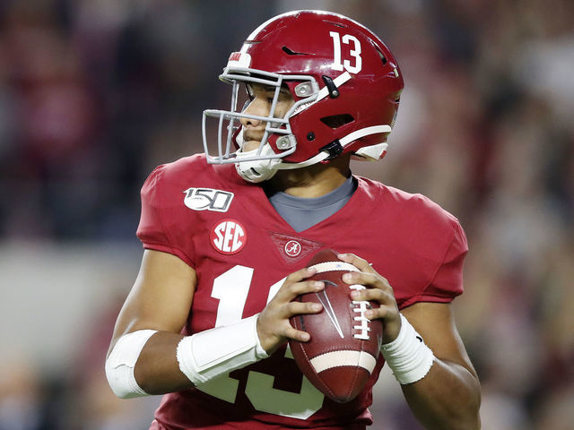TUSCALOOSA, ALABAMA - NOVEMBER 09: Tua Tagovailoa #13 of the Alabama Crimson Tide looks to pass during the second half against the LSU Tigers in the game at Bryant-Denny Stadium on November 09, 2019 in Tuscaloosa, Alabama.