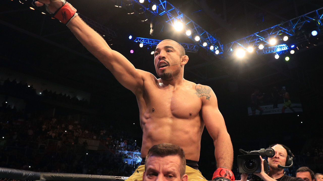 FORTALEZA, BRAZIL - FEBRUARY 02: Jose Aldo of Brazil celebrates after his knockout victory over Renato Moicano of Brazil in their featherweight fight during the UFC Fight Night event at CFO Centro de Formacao Olimpica on February 2, 2019 in Fortaleza, Brazil.
