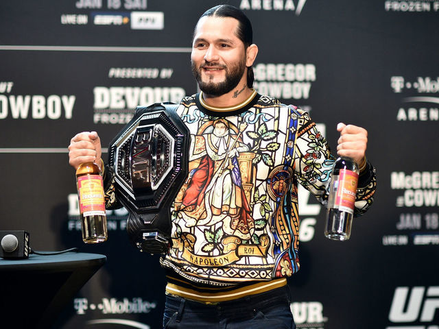 LAS VEGAS, NV - JANUARY 16: UFC welterweight Jorge Masvidal interacts with the media during the UFC 246 Ultimate Media Day at UFC APEX on January 16, 2020 in Las Vegas, Nevada.