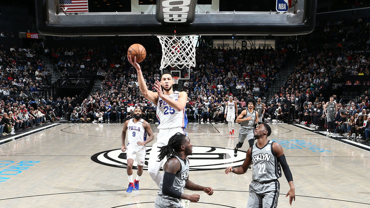 BROOKLYN, NY - JANUARY 20: Ben Simmons #25 of the Philadelphia 76ers shoots the ball against the Brooklyn Nets on January 20, 2020 at Barclays Center in Brooklyn, New York. Mandatory Copyright Notice: Copyright 2020 NBAE