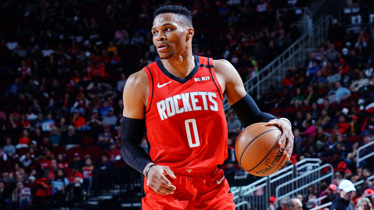 HOUSTON, TX - JANUARY 20: Russell Westbrook #0 of the Houston Rockets handles the ball during the game against the Oklahoma City Thunder on January 20, 2020 at the Toyota Center in Houston, Texas. Mandatory Copyright Notice: Copyright 2020 NBAE