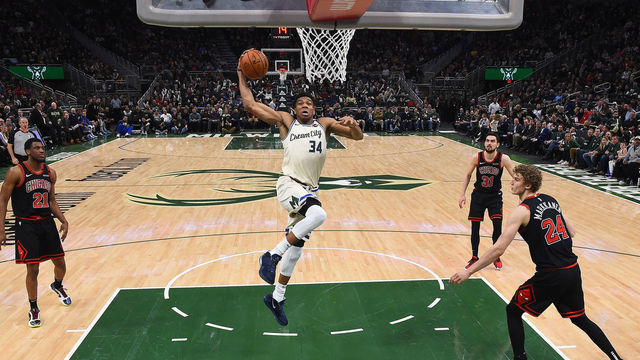 MILWAUKEE, WISCONSIN - JANUARY 20: Giannis Antetokounmpo #34 of the Milwaukee Bucks dunks against the Chicago Bulls during the second half of a game at Fiserv Forum on January 20, 2020 in Milwaukee, Wisconsin.