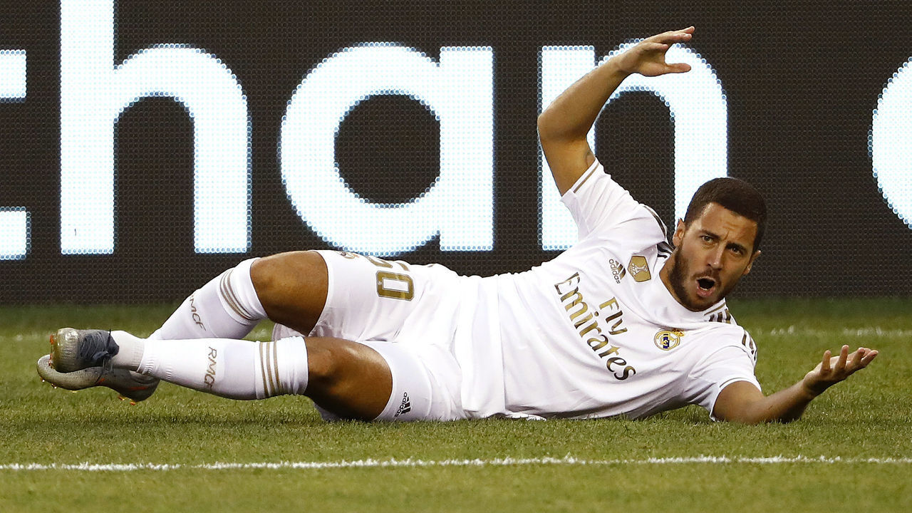 EAST RUTHERFORD, NEW JERSEY - JULY 26: Eden Hazard #50 of Real Madrid reacts against Atletico Madrid during the International Champions Cup match at MetLife Stadium on July 26, 2019 in East Rutherford, New Jersey.
