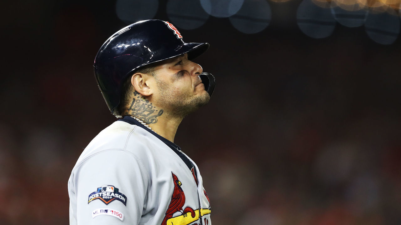 WASHINGTON, DC - OCTOBER 15: Yadier Molina #4 of the St. Louis Cardinals walks to first after he hit with a pitch in the eighth inning against the Washington Nationals during game four of the National League Championship Series at Nationals Park on October 15, 2019 in Washington, DC.