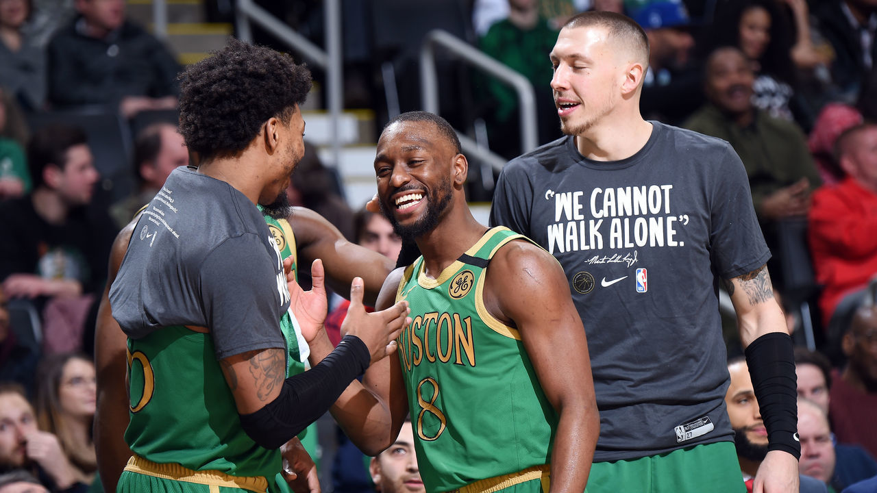 BOSTON, MA - JANUARY 20: Kemba Walker #8 of the Boston Celtics reacts to a play during the game against the Los Angeles Lakers on January 20, 2020 at the TD Garden in Boston, Massachusetts. Mandatory Copyright Notice: Copyright 2020 NBAE