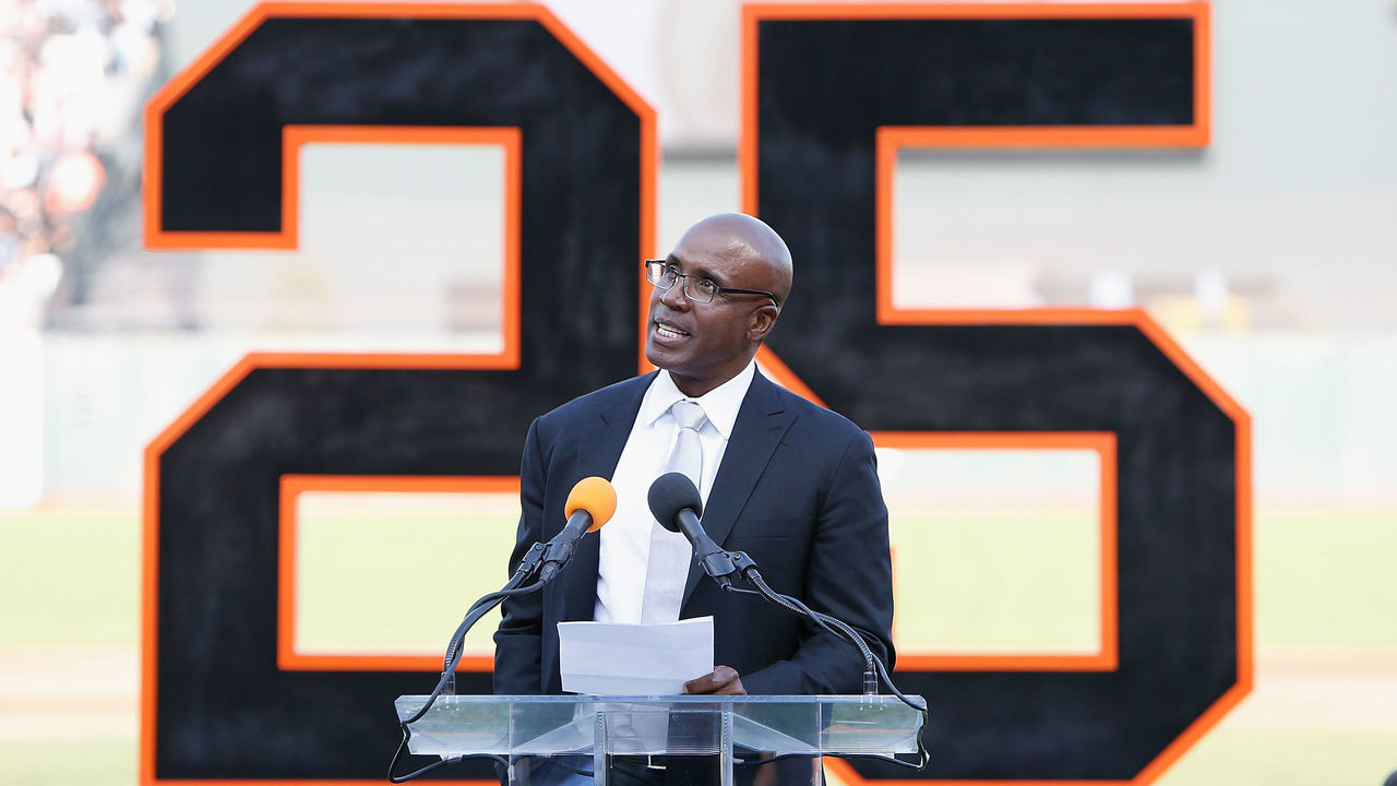 SAN FRANCISCO, CA - AUGUST 11: Former San Francisco Giants player Barry Bonds speaks at a ceremony to retire his #25 jersey at AT&T Park on August 11, 2018 in San Francisco, California.
