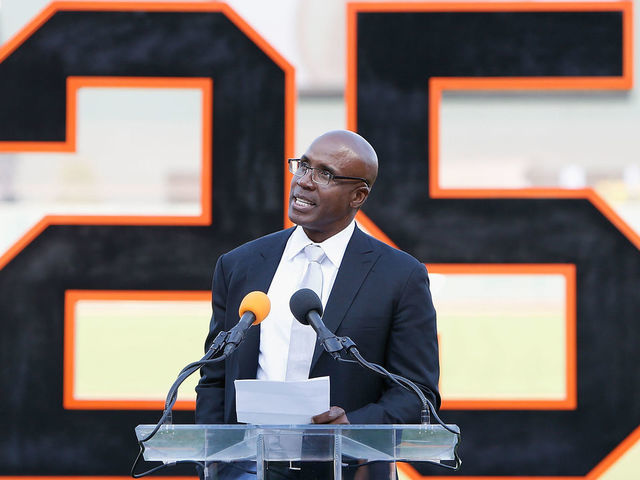SAN FRANCISCO, CA - AUGUST 11: Former San Francisco Giants player Barry Bonds speaks at a ceremony to retire his #25 jersey at AT&T Park on August 11, 2018 in San Francisco, California.