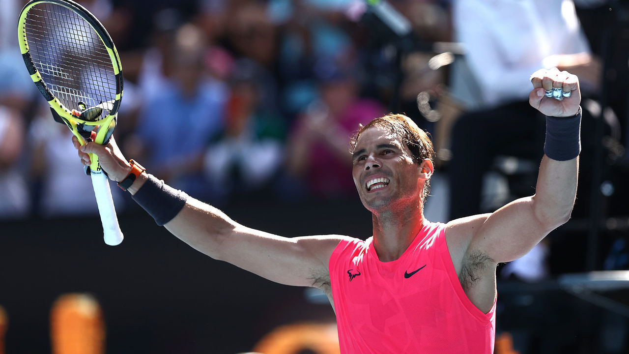 MELBOURNE, AUSTRALIA - JANUARY 21: Rafael Nadal of Spain waves to the crowd after winning his Men's Singles first round match against Hugo Dellien of Bolivia on day two of the 2020 Australian Open at Melbourne Park on January 21, 2020 in Melbourne, Australia.