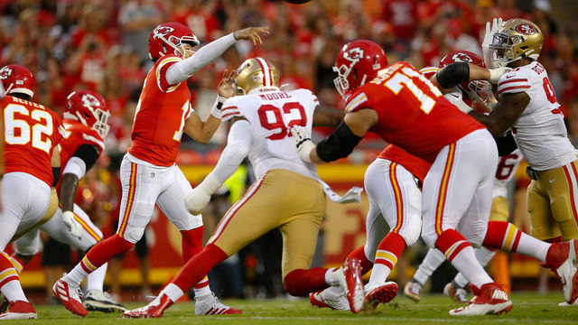 KANSAS CITY, MO - AUGUST 24: Patrick Mahomes #15 of the Kansas City Chiefs passes during the game against the San Francisco 49ers at Arrowhead Stadium on August 24, 2019 in Kansas City, Missouri. The 49eres defeated the Broncos 27-17.
