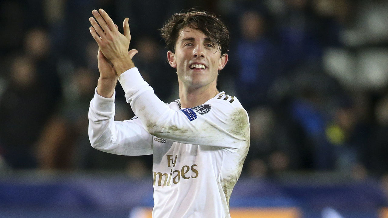 BRUGGE, BELGIUM - DECEMBER 11: Alvaro Odriozola of Real Madrid salutes the supporters following the UEFA Champions League group A match between Club Brugge KV and Real Madrid at Jan Breydel Stadium on December 11, 2019 in Brugge, Bruges, Belgium.