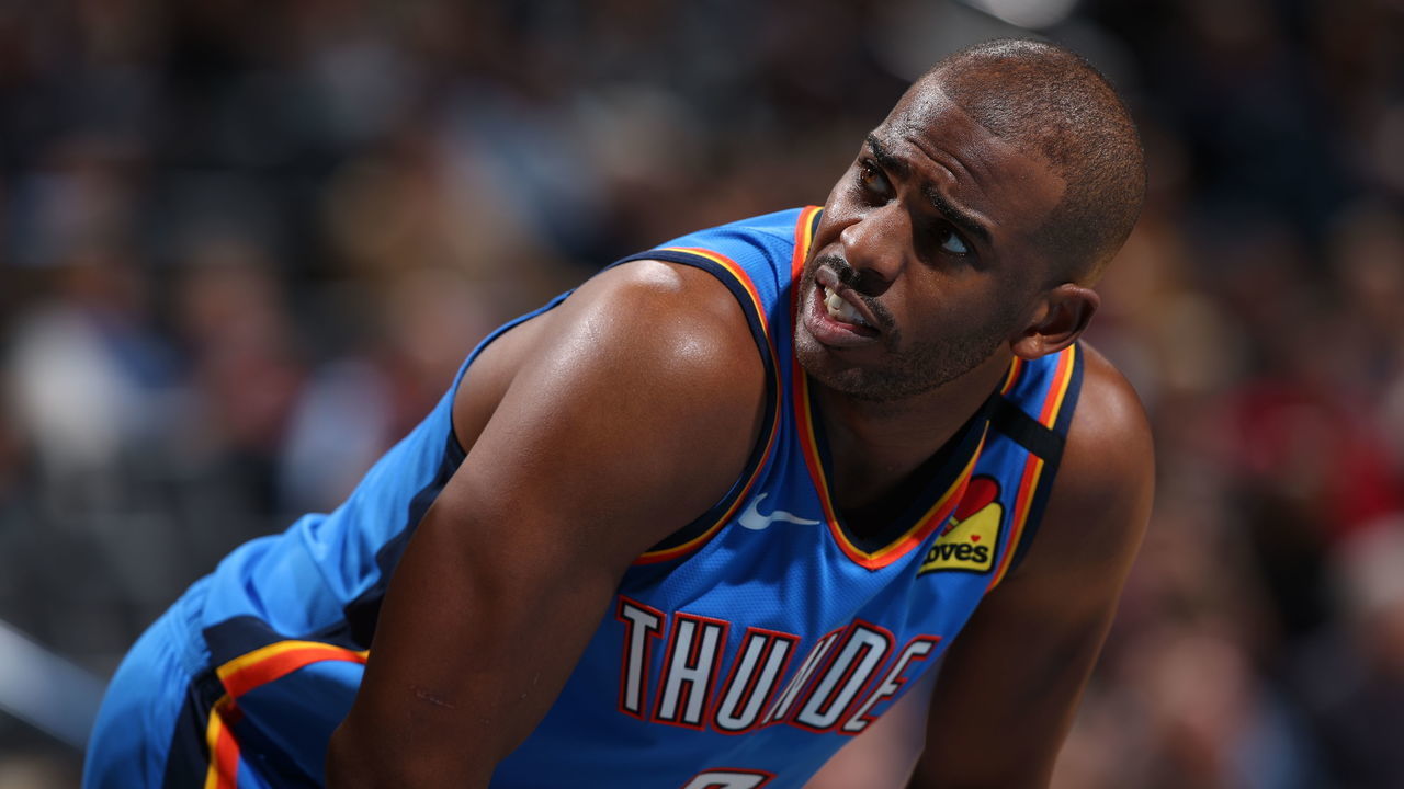 OKLAHOMA CITY, OK - JANUARY 17: Chris Paul #3 of the Oklahoma City Thunder looks on during the game against the Miami Heat on January 17, 2020 at Chesapeake Energy Arena in Oklahoma City, Oklahoma. Mandatory Copyright Notice: Copyright 2020 NBAE