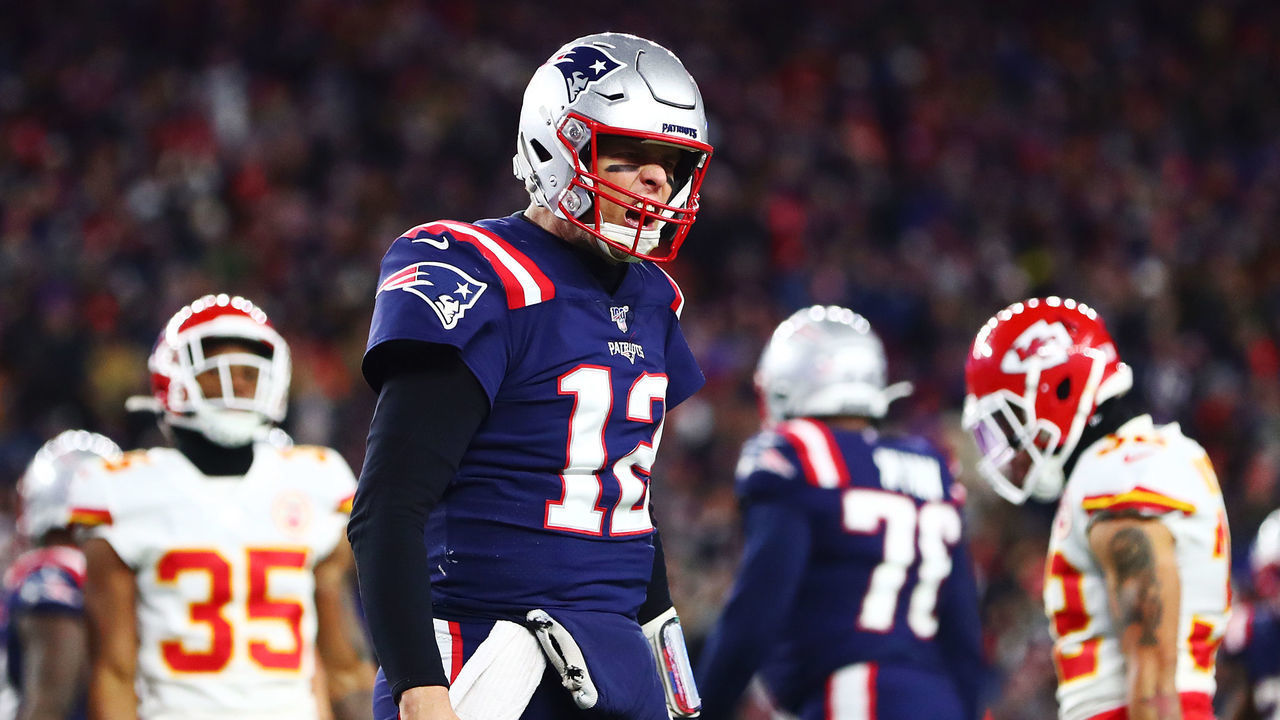 FOXBOROUGH, MASSACHUSETTS - DECEMBER 08: Tom Brady #12 of the New England Patriots celebrates after rushing for a first down during the fourth quarter against the Kansas City Chiefs in the game at Gillette Stadium on December 08, 2019 in Foxborough, Massachusetts.