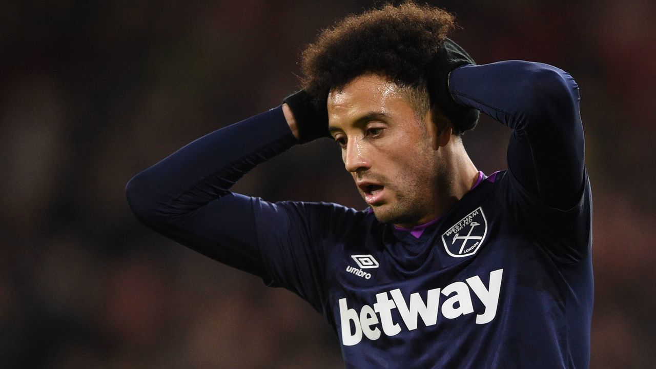 West Ham United's Brazilian midfielder Felipe Anderson reacts after missing a chance during the English Premier League football match between Sheffield United and West Ham United at Bramall Lane in Sheffield, northern England on January 10, 2020.
