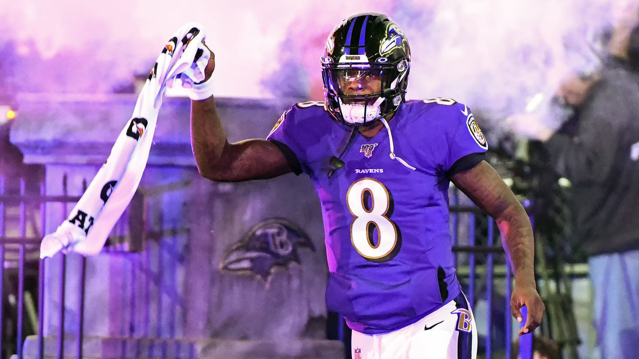 BALTIMORE, MD - JANUARY 11: Baltimore Ravens quarterback Lamar Jackson (8) takes the field on January 11, 2020, at M&T Bank Stadium in Baltimore, MD. in the AFC Divisional Playoff against the Tennessee Titans.