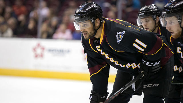 CLEVELAND, OH - FEBRUARY 28: Cleveland Monsters RW Akim Aliu (11) during the first period of the AHL hockey game between the Grand Rapids Griffins and Cleveland Monsters on February 28, 2017, at Quicken Loans Arena in Cleveland, OH. Cleveland defeated Grand Rapids 4-1.