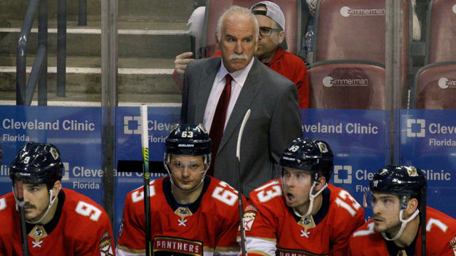 SUNRISE, FL - JANUARY 12: Florida Panthers head coach Joel Quenneville watches from the bench during the third period on January 12, 2020, at BB&T Center in Sunrise, Florida.
