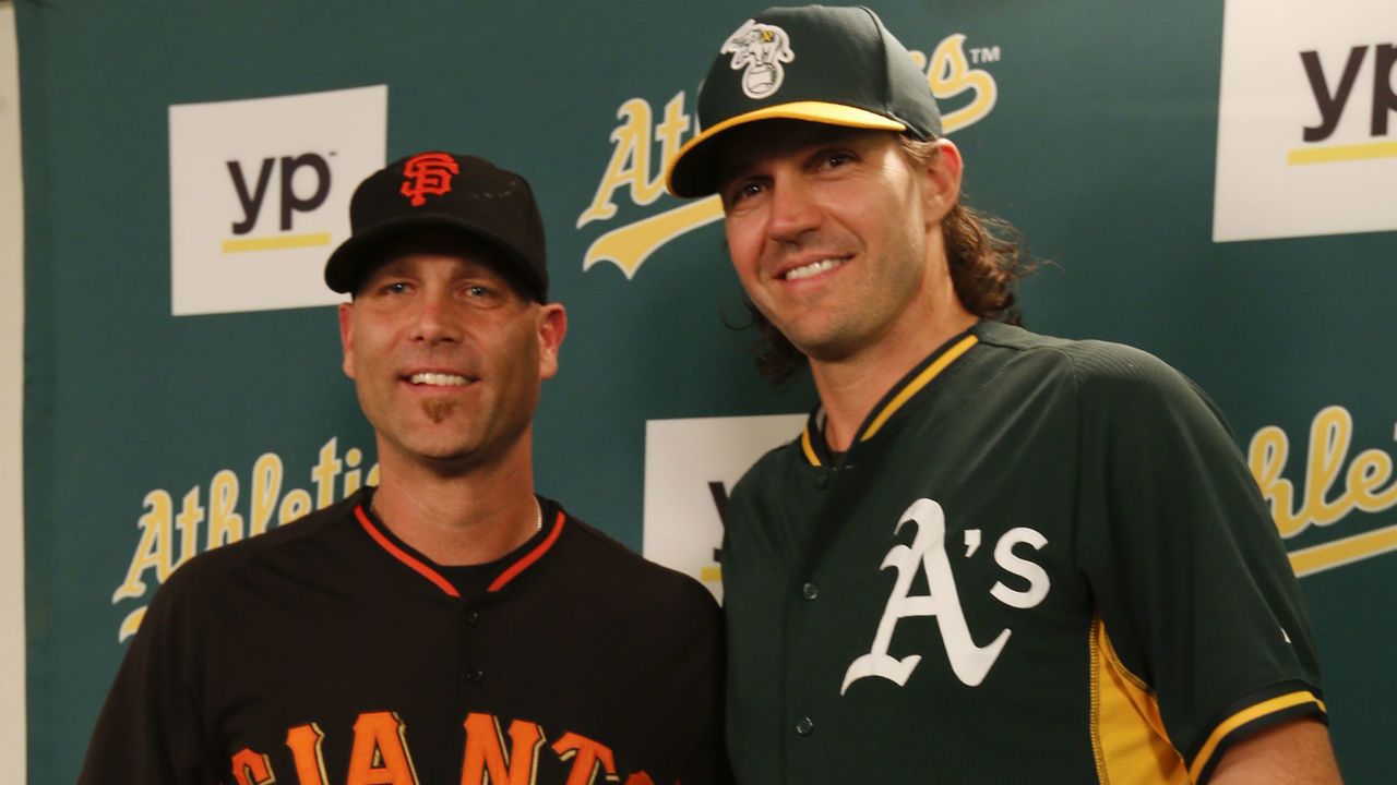OAKLAND, CA - SEPTEMBER 25: Tim Hudson #17 of the San Francisco Giants and Barry Zito #75 of the Oakland Athletics stand for a photo during a press conference prior to the game at O.co Coliseum on September 25, 2015 in Oakland, California. The Athletics defeated the Giants 5-4 .