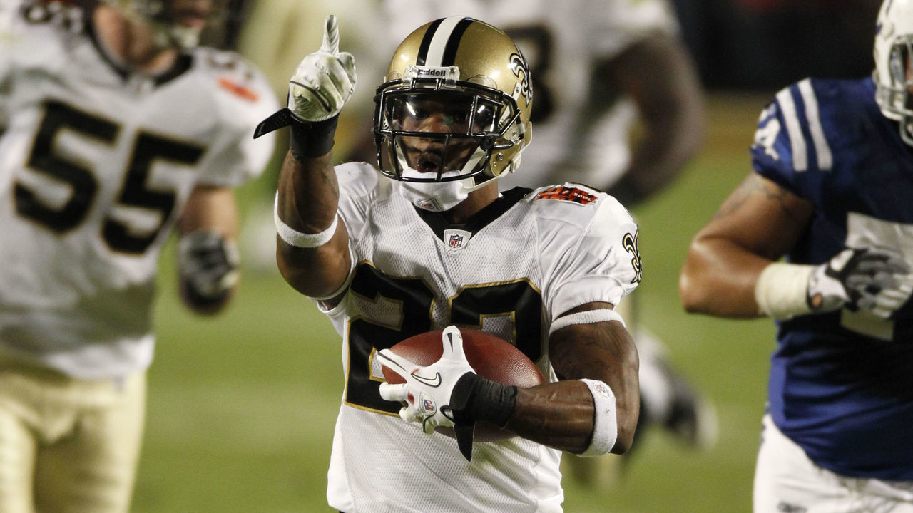 07 February 2010: New Orleans Saints cornerback Tracy Porter (22) returns an interception for a decisive touchdown late in the 4th quarter during the second half of the New Orleans Saints 31-17 victory over the Indianapolis Colts in Super Bowl XLIV at Sun Life Stadium in Miami, Florida.