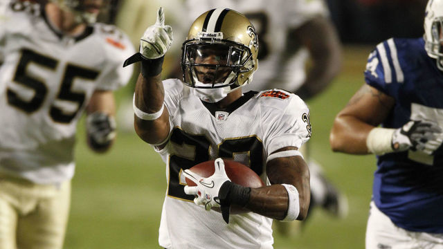 07 February 2010: New Orleans Saints cornerback Tracy Porter (22) returns an interception for a decisive touchdown late in the 4th quarter during the second half of the New Orleans Saints 31-17 victory over the Indianapolis Colts in Super Bowl XLIV at Sun Life Stadium in Miami, Florida.