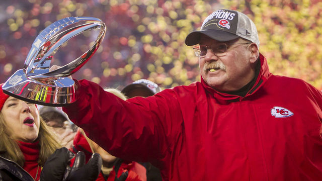 KANSAS CITY, MO - JANUARY 19: Kansas City Chiefs head coach Andy Reid displays the Lamar Hunt to the fans in victorious fashion after the AFC Championship game between the Tennessee Titans and the Kansas City Chiefs on Sunday January 19, 2020 at Arrowhead Stadium in Kansas City, MO.