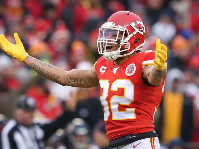 KANSAS CITY, MO - JANUARY 12: Kansas City Chiefs strong safety Tyrann Mathieu (32) fires up the crowd in the second quarter of an NFL Divisional round playoff game between the Houston Texans and Kansas City Chiefs on January 12, 2020 at Arrowhead Stadium in Kansas City, MO.