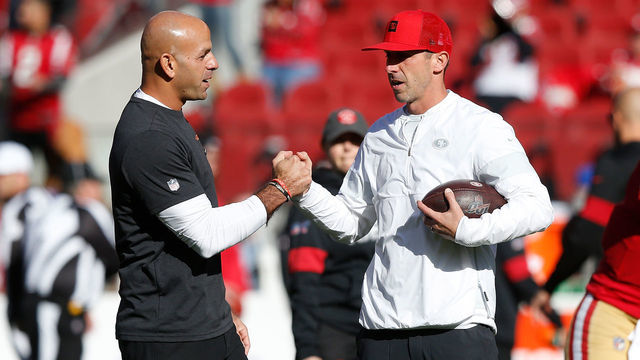 SANTA CLARA, CALIFORNIA - DECEMBER 15: Head coach Kyle Shanahan of the San Francisco 49ers talks to defensive co-ordinator Robert Saleh during the warm up before the game against the Atlanta Falcons at Levi's Stadium on December 15, 2019 in Santa Clara, California.
