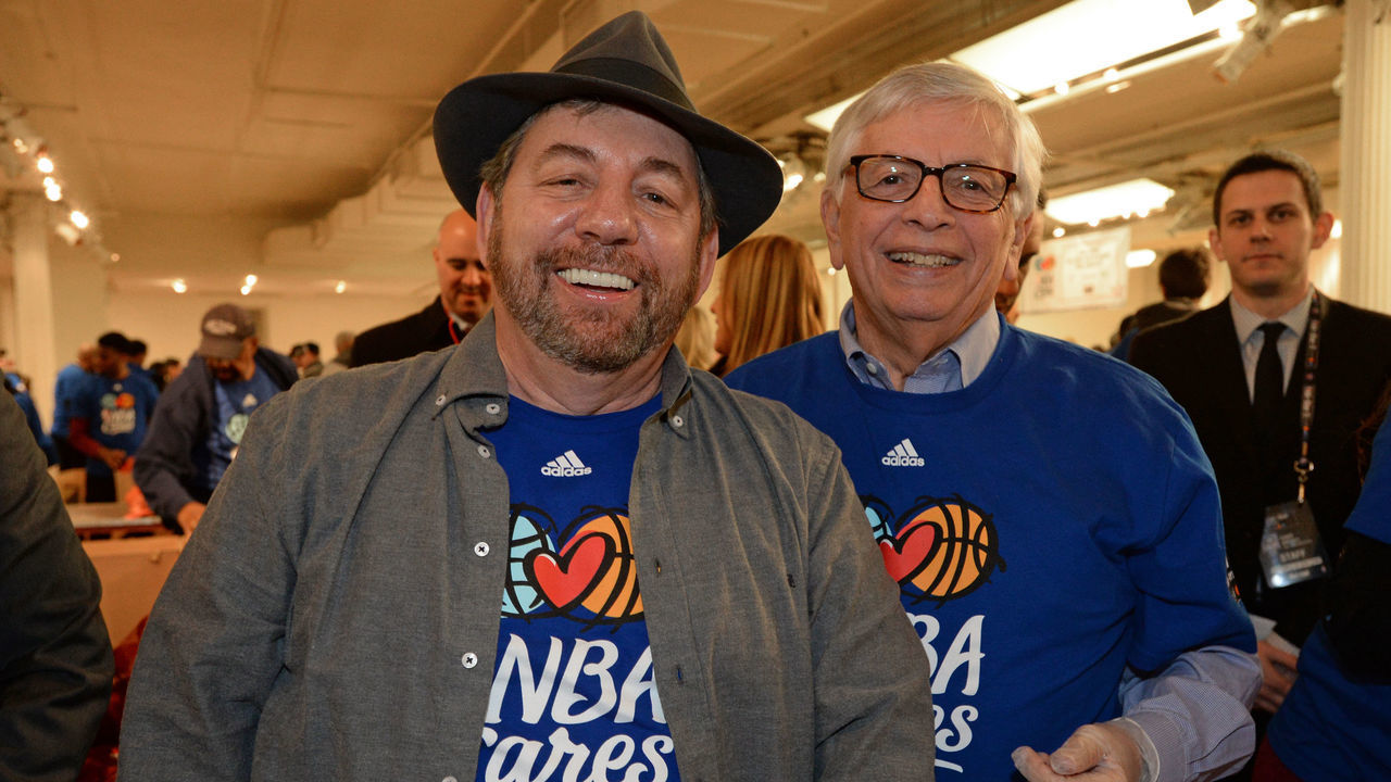 NEW YORK, NY - FEBRUARY 13: President and CEO of the New York Knicks James Dolan and former NBA Commisioner David Stern participate in the NBA Cares All-Star Day of Service at the Metropolitan Pavilion on February 13, 2015 in New York, New York. NOTE TO USER: User expressly acknowledges and agrees that, by downloading and/or using this Photograph, user is consenting to the terms and conditions of the Getty Images License Agreement. Mandatory Copyright Notice: Copyright 2015 NBAE