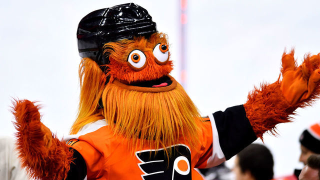 PHILADELPHIA, PA - DECEMBER 19: Flyers mascot Gritty entertains the crowd in the first period during the game between the Buffalo Sabres and Philadelphia Flyers on December 19, 2019 at Wells Fargo Center in Philadelphia, PA.