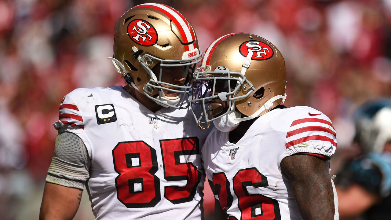 SANTA CLARA, CA - OCTOBER 27: San Francisco 49ers Running Back Tevin Coleman (26) celebrates with teammate Tight End George Kittle (85) after scoring a touchdown during the NFL game between the Carolina Panthers and San Francisco 49ers at Levi's Stadium on October 27, 2019 in Santa Clara, CA.