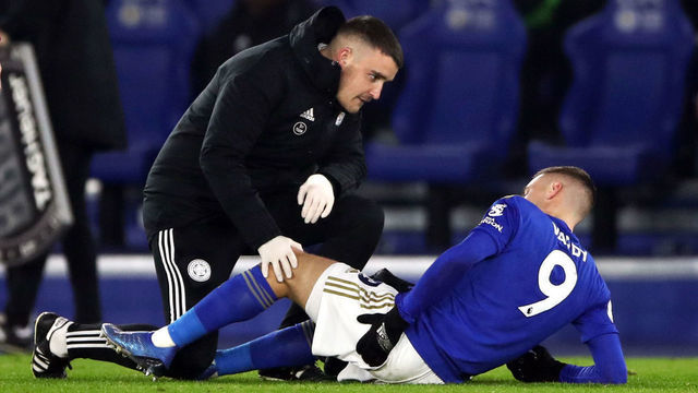 Leicester City's Jamie Vardy receives treatment before being substituted with an injury during the Premier League match at the King Power Stadium, Leicester.