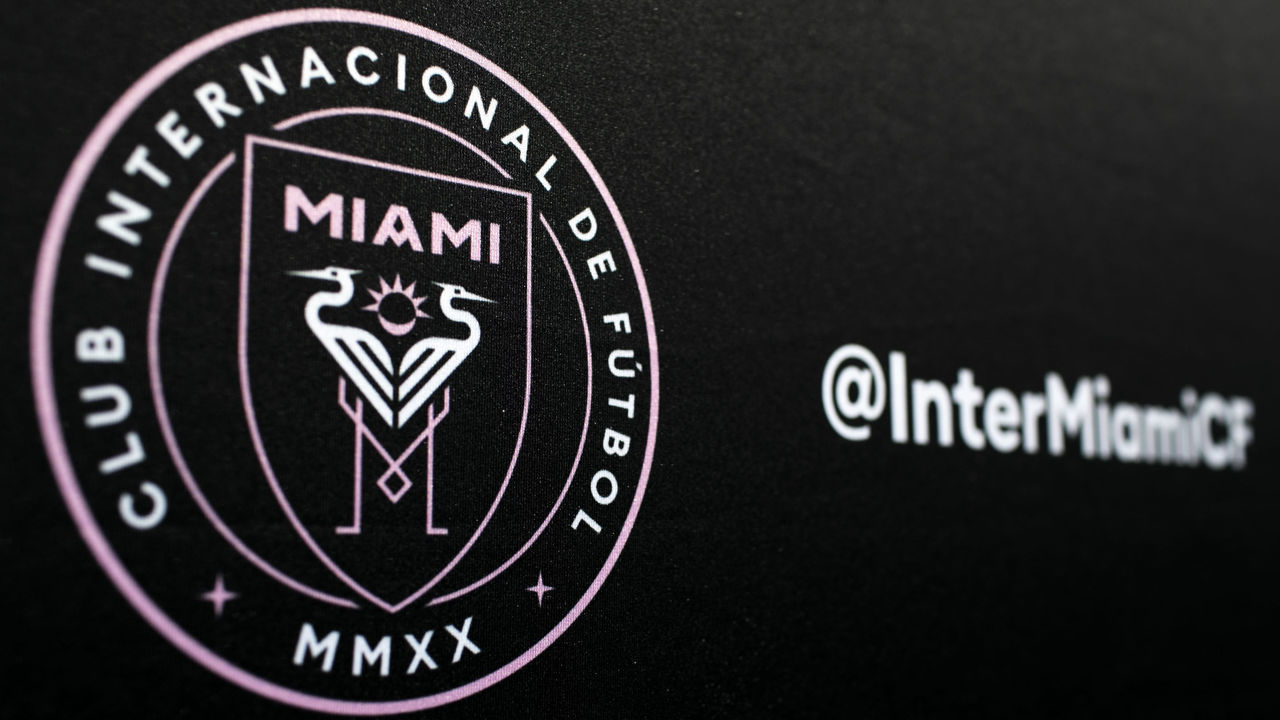 MIAMI, USA - JANUARY 21 : The logo of Inter Miami CF is seen during a news conference at Barry University in Miami, Florida, United States on January 21, 2020.