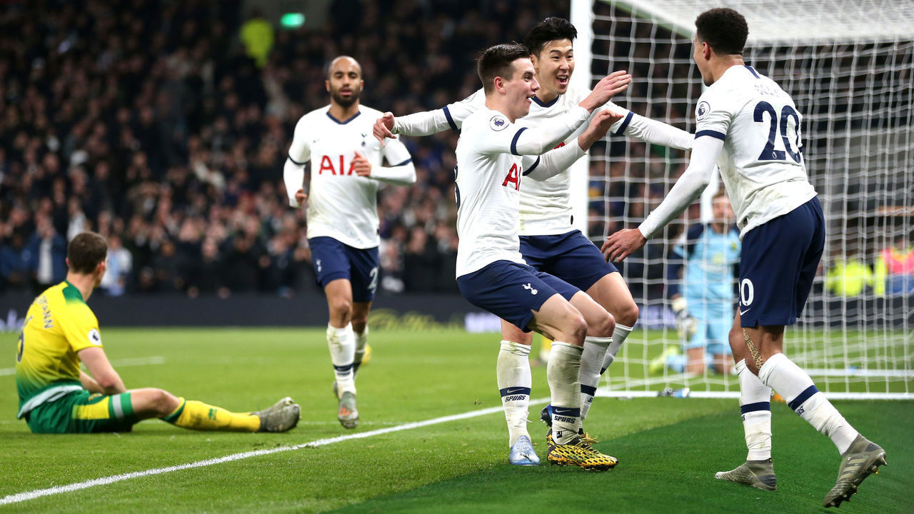 LONDON, ENGLAND - JANUARY 22: Heung-Min Son of Tottenham Hotspur celebrates with team mates after he scores his sides second goal during the Premier League match between Tottenham Hotspur and Norwich City at Tottenham Hotspur Stadium on January 22, 2020 in London, United Kingdom.