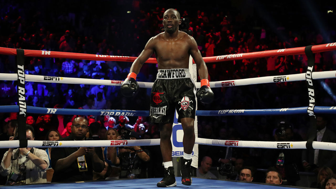 NEW YORK, NEW YORK - DECEMBER 14: Terence Crawford stands in a neutral corner after knocking down Egidijus Kavaliauskas during their bout for Crawford's WBO welterweight title at Madison Square Garden on December 14, 2019 in New York City.