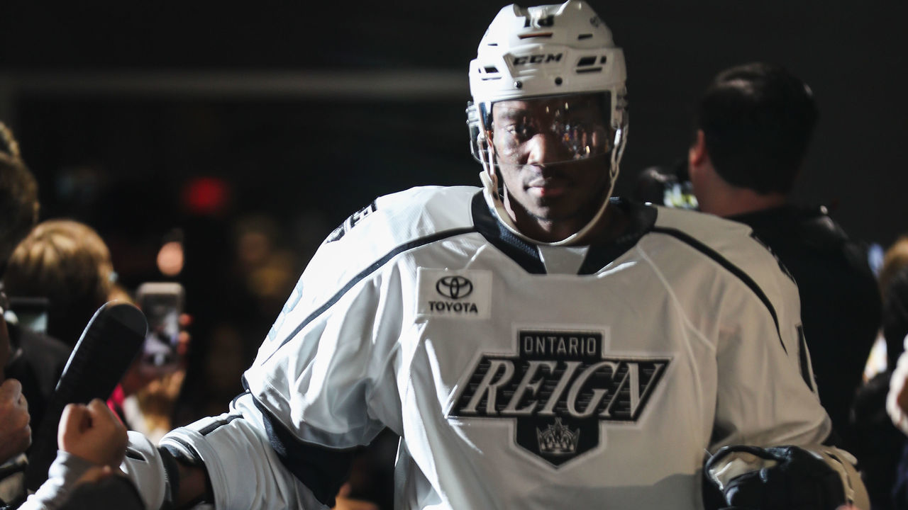 ONTARIO, CA - DECEMBER 02: Ontario Reign Forward Bokondji Imama (18) walks through the player tunnel during an AHL regular season game between the Ontario Reign and Tucson Roadrunners on December 2, 2018 at Citizens Business Bank Arena in Ontario, California.
