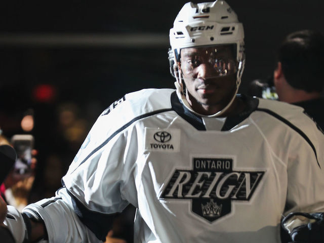 ONTARIO, CA - DECEMBER 02: Ontario Reign Forward Bokondji Imama (18) walks through the player tunnel during an AHL regular season game between the Ontario Reign and Tucson Roadrunners on December 2, 2018 at Citizens Business Bank Arena in Ontario, California.