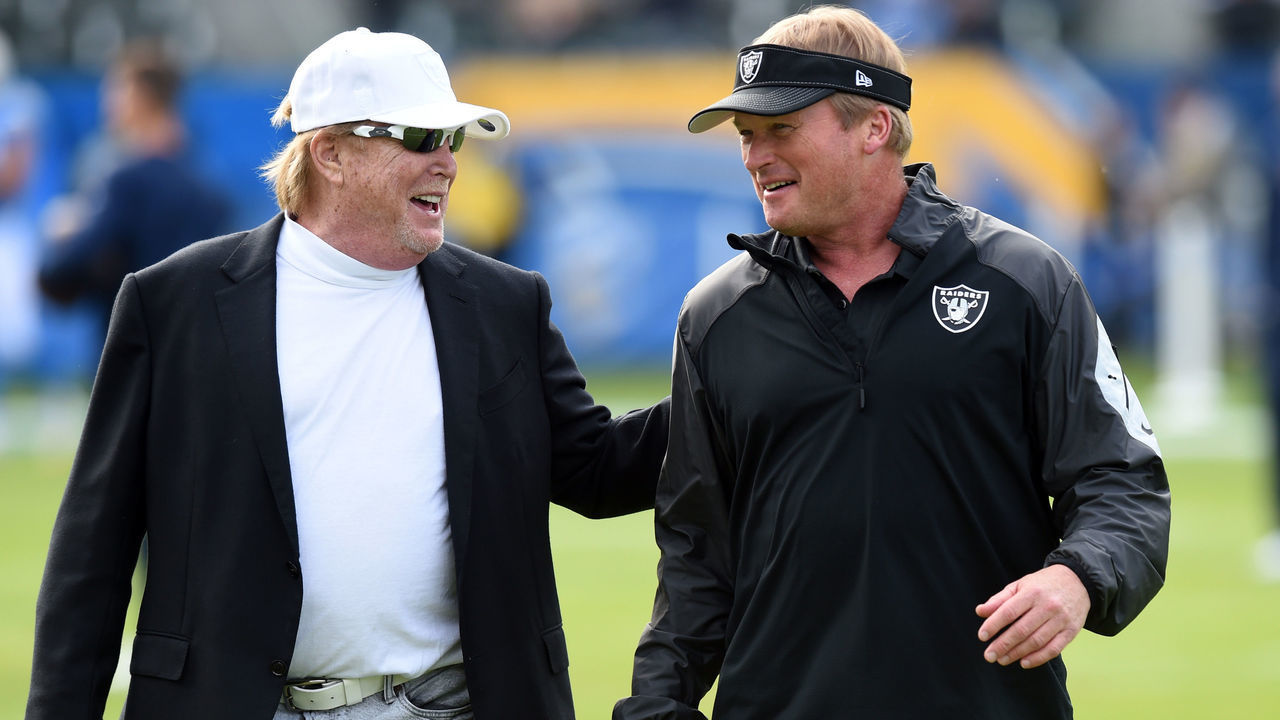 CARSON, CA - DECEMBER 22: Raiders owner Mark Davis and Raiders head coach Jon Gruden during an NFL game between the Oakland Raiders and the Los Angeles Chargers on December 22, 2019, at Dignity Health Sports Park in Carson, CA.